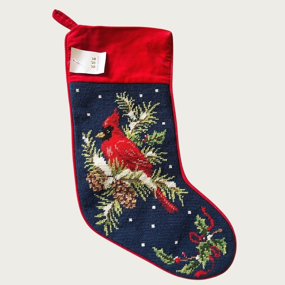 Peking Handicraft Wool Needlepoint Cardinal Christmas Stocking NWT Festive